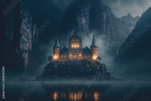 Citadel in the fog on a mountain. Castle created with Generative AI 