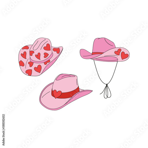 Howdy Valentines Day cowgirl cowboy heart ornament hats vector illustration set isolated on white. Red Pink aesthetics Wild west stetson print for 14 February holiday.