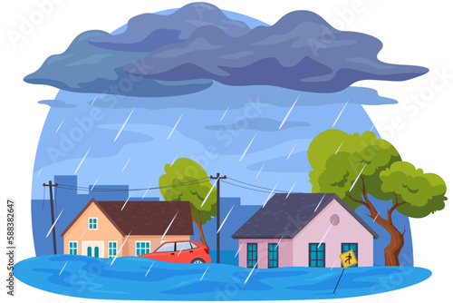 The storm is pouring. A natural disaster of a destructive large-scale nature. Destruction of human habitation. Vector illustration
