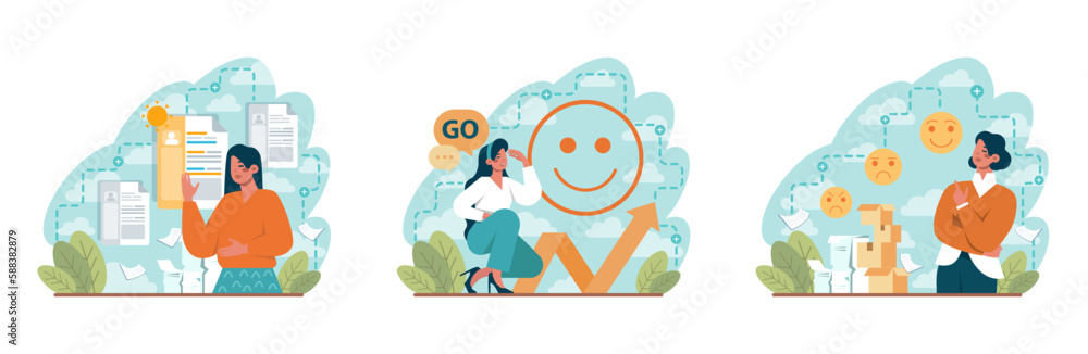 Positive thinking and optimism concept set. Employee motivation