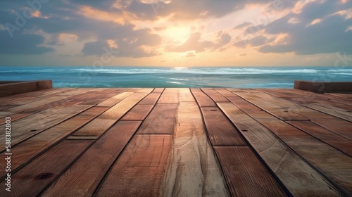 Tranquil seaside view on wooden floor background, generative ai