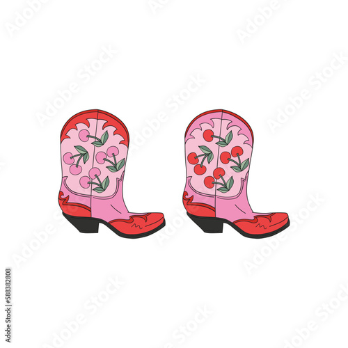 Howdy Valentines Day cowgirl cowboy cherry ornament boots vector illustration isolated on white. Red Pink aesthetics Wild west shoes print for 14 February holiday.