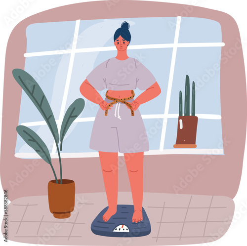 Vector illustration of weight check. Woman on scales. Weight control concept.