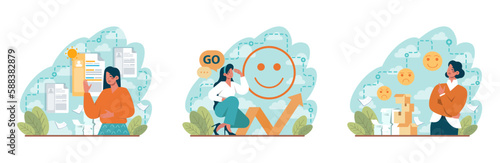 Positive thinking and optimism concept set. Employee motivation