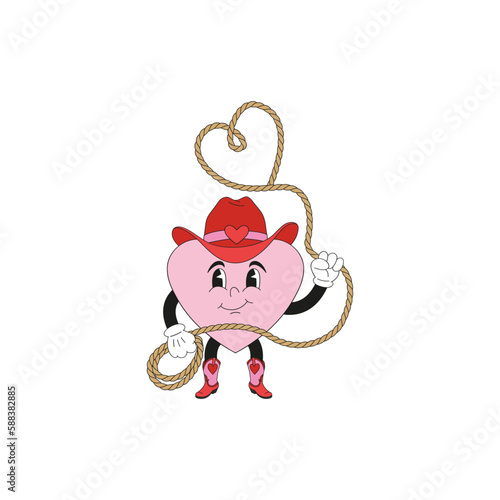 Howdy Valentines Day Funny cowboy with heart-shaped lasso cartoon heart character vector illustration isolated on white. Red Pink aesthetics Wild west print for 14 February holiday.