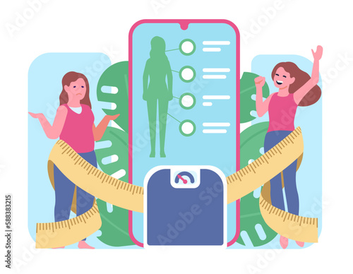 Application in phone for weight loss. Fat girl became slim. Ruler and scales. Happy or sad woman. Device screen. Mobile app. Body slimming. Eating and training plan. Vector concept