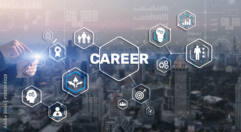 Career Inscription and people icons on virtual screen. Businessman pressing Career Career Inscription and people icons on virtual screen. Businessman pressing Career