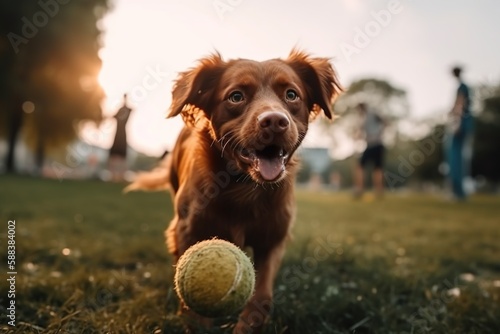 Jeune chien jouant à la balle dans un parc