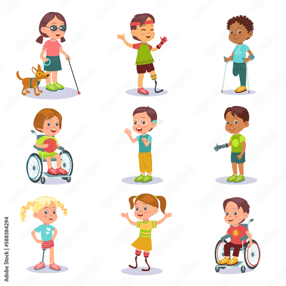 Disability kids. Little disabled boys and girls. Teens with prosthetics and crutches. Paralyzed child in wheelchair. Handicapped persons. Guide dog. Blind or deaf. Splendid vector set Disability kids. Little disabled boys and girls. Teens with prosthetics and crutches. Paralyzed child in wheelchair. Handicapped persons. Guide dog. Blind or deaf. Splendid vector set