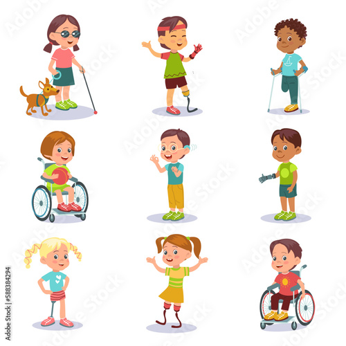 Disability kids. Little disabled boys and girls. Teens with prosthetics and crutches. Paralyzed child in wheelchair. Handicapped persons. Guide dog. Blind or deaf. Splendid vector set