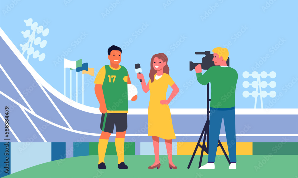 Female journalist with cameraman interviewing soccer player athlete