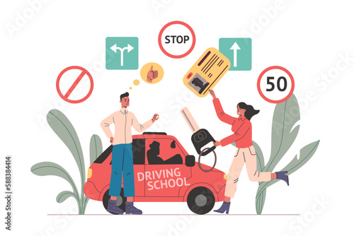 Driver license getting. Successful driving school exams passing. Happy girl. Automobile and road signs. Vehicle traffic regulation test. Student with card and car key. Vector concept