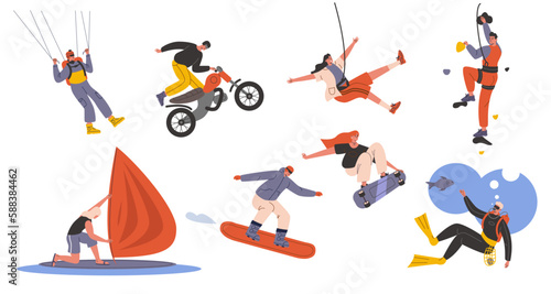 Extreme people. Different dangerous sports. Adrenaline rush. Guys and girls athletes. Climbing and snowboarding. Motorbikes race. Windsurfing or diving. Vector risky activities set