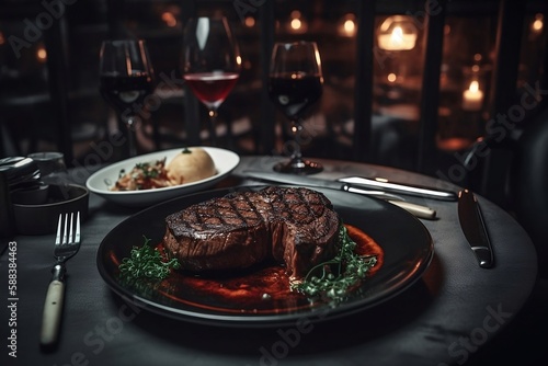 Grilled Beef Steak in Restaurant: Close-up of Delicious Food on Table with Blurred Background