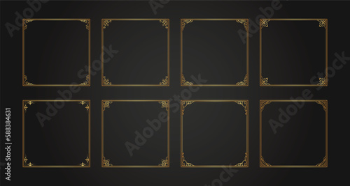 Luxury decorative golden label frames. Retro ornamental frame, vintage square ornaments & ornate border. Decorative wedding frames, antique museum image borders. Isolated vector icons set