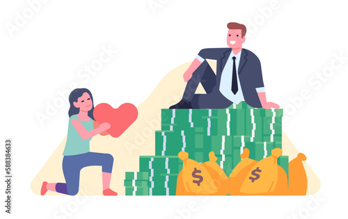 Girl gives her heart to rich man. Declaration of love. Banknotes stacks and money bags. Successful businessman. Woman and millionaire relationship. Financial profit. Vector concept