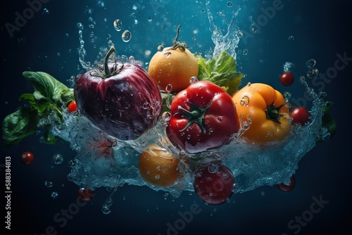 Fresh vegetable in clean water, splashes and drops of water, fitness, healthy food, vegetarian, generative ai