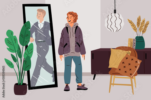 Ideal mirror reflection. Young guy dreams of becoming successful businessman. Handsome man in formal suit. Confident male. Boys daydreaming. Think about future career. Garish vector concept