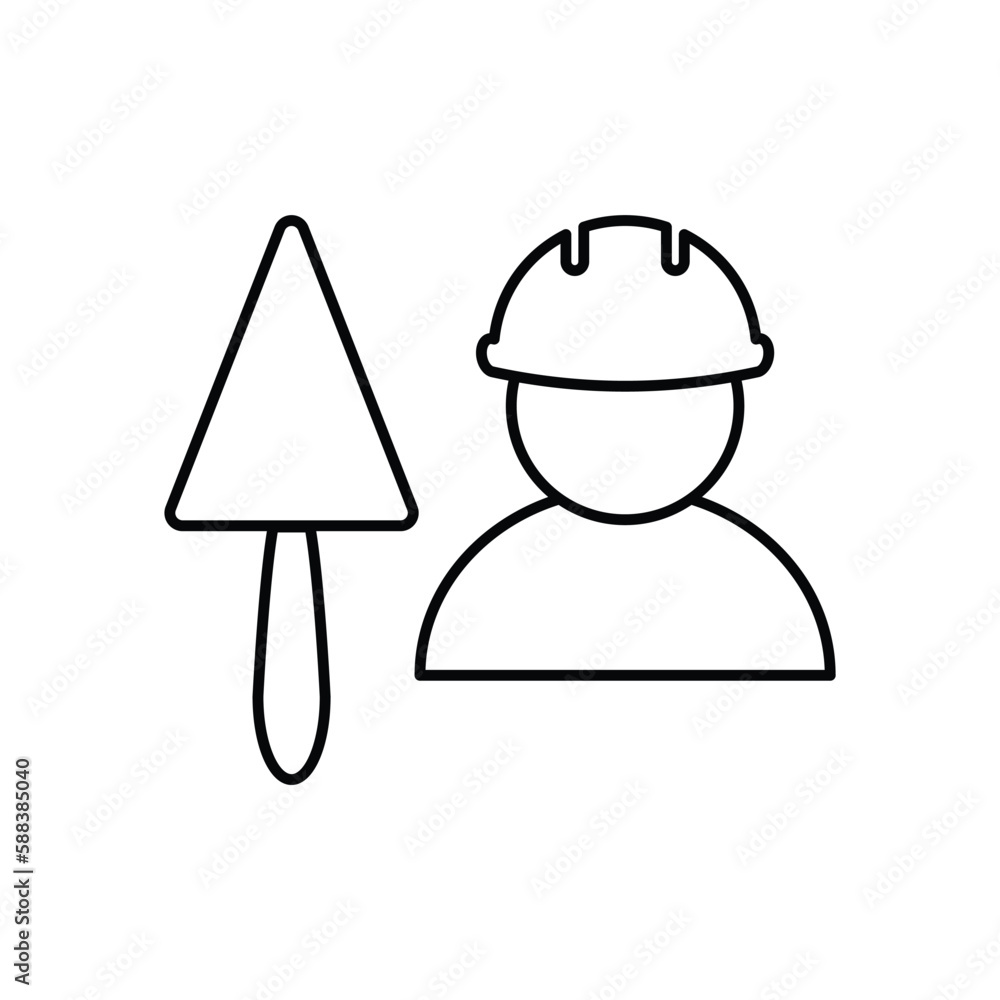 Man worker hard hat with bricks trowel icon vector. Construction equipment. Builder sign Man worker hard hat with bricks trowel icon vector. Construction equipment. Builder sign