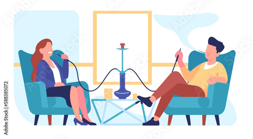 Man and woman smoking hookah. People sitting in lounge bar on comfortable armchairs. Tobacco smoke. Smokers relaxation. Couple dating. Shisha cafe. Hooka pipe. Vapor party. Vector concept