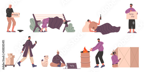 Poor people. Homeless men and women. Dirty clothes. Sleeping on street and begging for alms. Unhappy characters. Vagabond lifestyle. Roofless persons. Social problem. Vector beggars set