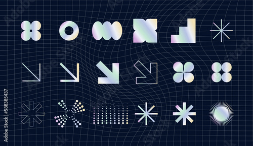 Holographic foil sticker. Holo emblem tags templates with iridescent color gradient, geometric symbols and objects in y2k style