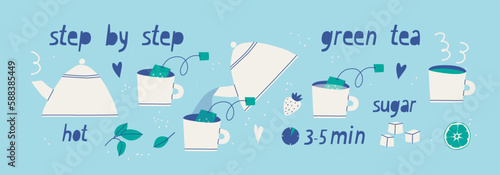 Instructions for brewing tea. How to make tea from a tea bag step by step. Cute vector illustration for design. Funny trendy style.