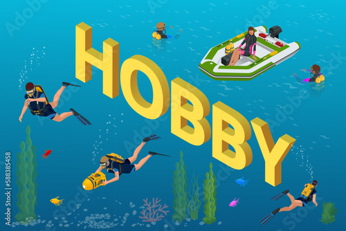 Isometric Hobby concept. Scuba divers swimming with aqualungs underwater of blue sea. Hobby Young People. Extreme Sport.