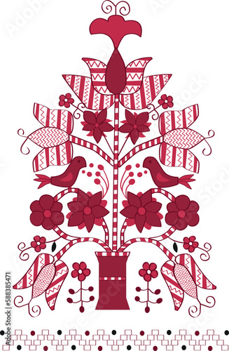 Vector drawing of the tree of life with birds and flowers and ornaments. For postcards, posters, printing on fabric. Ukrainian embroidery