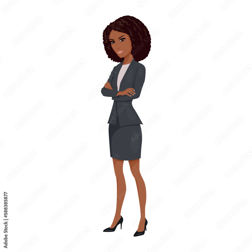African American business woman in suit isolated on white background. Vector cartoon illustration. African American business woman in suit isolated on white background. Vector cartoon illustration.