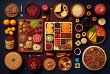 Table with large variety of food. Abstract food background. Generative AI
