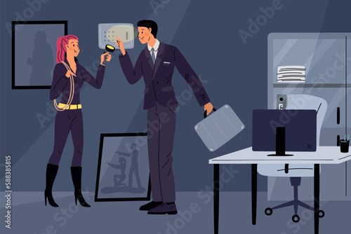 Secret agents work. Superheroes couple break into safe at night. People selecting right code. Sexy spies. People with flashlight and briefcase. Thriller characters. Garish vector concept