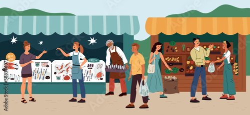 Street markets people. Fair visitors inspect food trays. Making purchases. Men and women buying seafood. Persons paying for vegetables and fruits. Outdoor kiosks. Garish vector concept