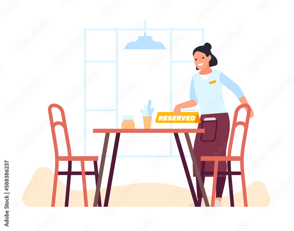 Waiter puts sign on reserved table. Booking table in restaurant. Catering service. Preorder in cafeteria. Waitress serving dining desk for reservation. Order in cafe. Vector concept Waiter puts sign on reserved table. Booking table in restaurant. Catering service. Preorder in cafeteria. Waitress serving dining desk for reservation. Order in cafe. Vector concept
