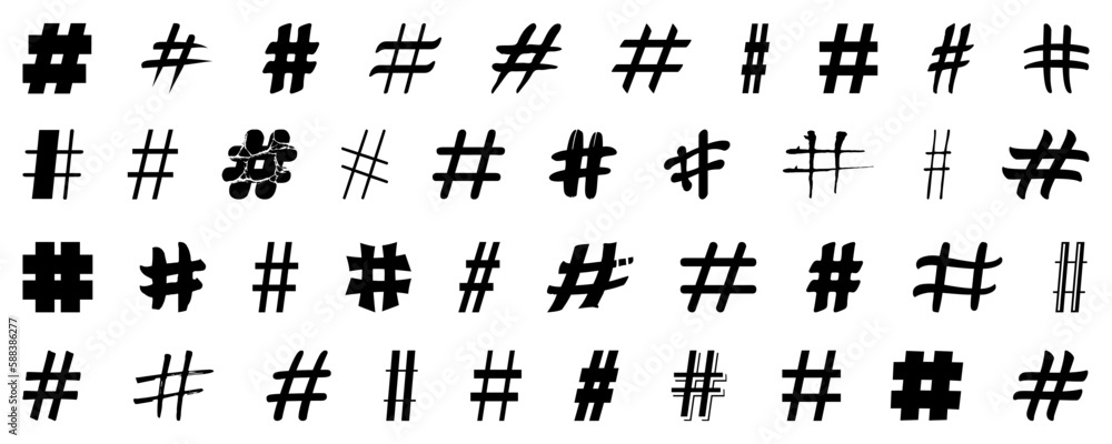 Hashtag icons. Black hashtag crossing. Set of social media hashtags