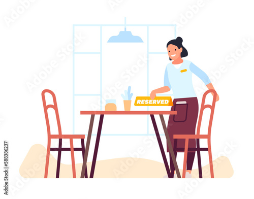 Waiter puts sign on reserved table. Booking table in restaurant. Catering service. Preorder in cafeteria. Waitress serving dining desk for reservation. Order in cafe. Vector concept