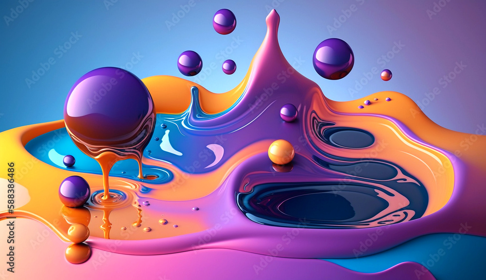 Splash of violet, green and blue paint. Freeze motion of multi color. 3D Illustration. Generated AI.