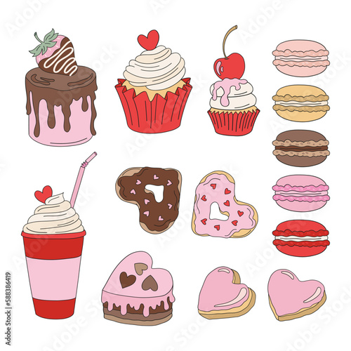 St Valentine Day sweets cake cupcake macaron heart shape gingerbread milkshake vector illustration set isolated on white. Sweet Valentine bakery dessert print collection for 14 February holiday. 