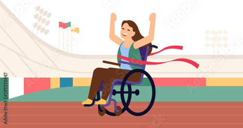 Young woman in wheelchair crosses red finish line. Race for handicapped. Paralympic competition. Tournament winner. Sport stadium. Female champion. Disabled girl achievement. Vector concept