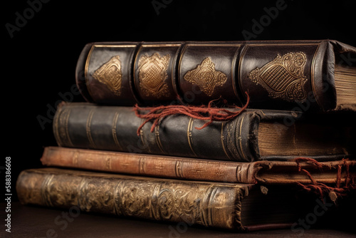a stack of old leather-bound books on a dark background. reading concept. ai generative