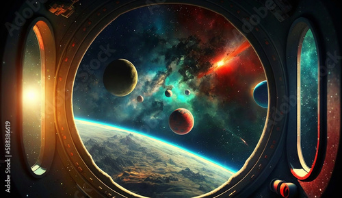 View through the porthole of a spaceship. Outer space with planets and stars. AI generated illustration