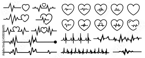 Heartbeat icon collection. Set of black cardiology pulse icons. Heartbeat icons in black