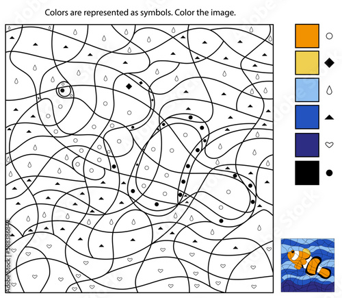 Vector illustration of clown fish in black lines. Each part is determinate with symbol. Children color the picture.