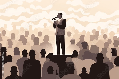 Photo Flat illustration of MLK delivering I Have a Dream speech, diverse crowd, monochrome colors