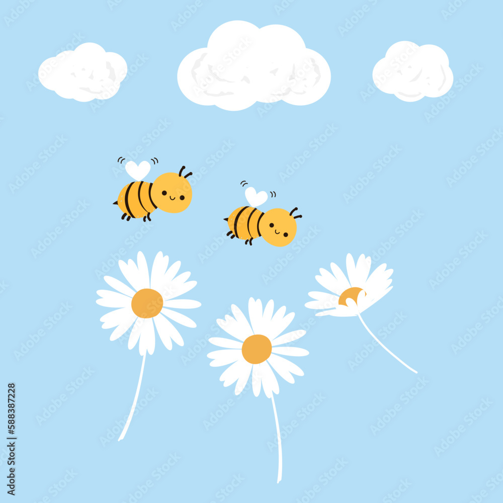 Bee cartoons, daisy flower and cloud on blue background vector illustration.