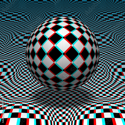 Checkered sphere floats above a distorted patterned surface. Psychedelic vector optical art illustration in red cyan anaglyph style.