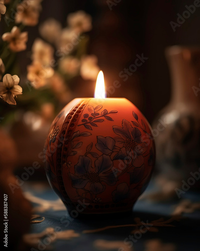 Close-up of a beautifully crafted Easter egg candle with a floral pattern  burning with a warm  soft glow.