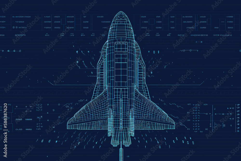 ASCII Art style Illustration of rocket over blue background. Generative