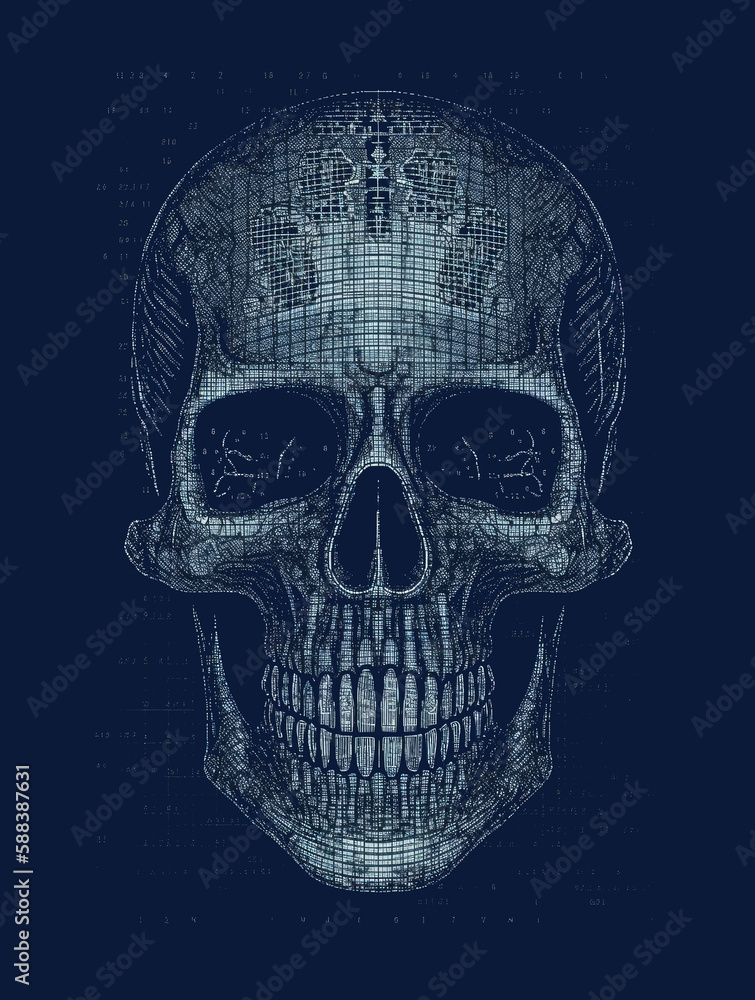 ASCII Art style Illustration of skull over blue background. Generative AI ASCII Art style Illustration of skull over blue background. Generative AI