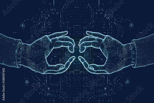 ASCII Art style Illustration of connecting hands over blue background. Generative AI photo